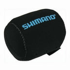Dogfish Tackle & Marine black neoprene reel cover with blue Shimano logo, protects reels from scratches.