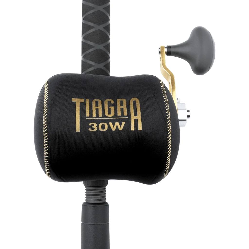 Dogfish Tackle & Marine Shimano Tiagra 30W reel cover, black neoprene with gold logo and stitching.
