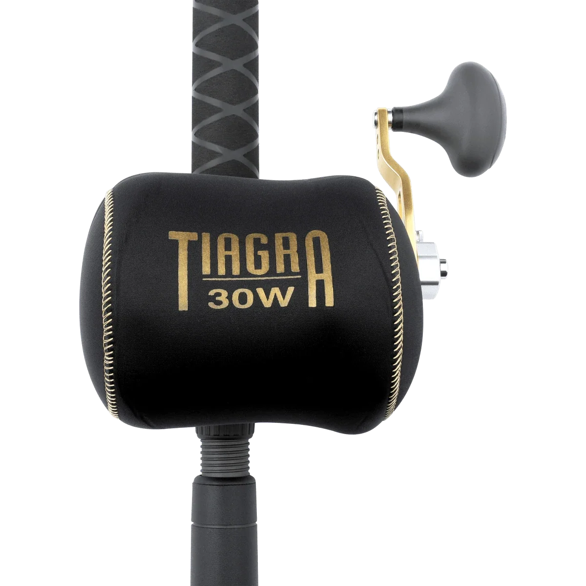 Dogfish Tackle & Marine Shimano Tiagra 30W reel cover, black neoprene with gold logo and stitching.