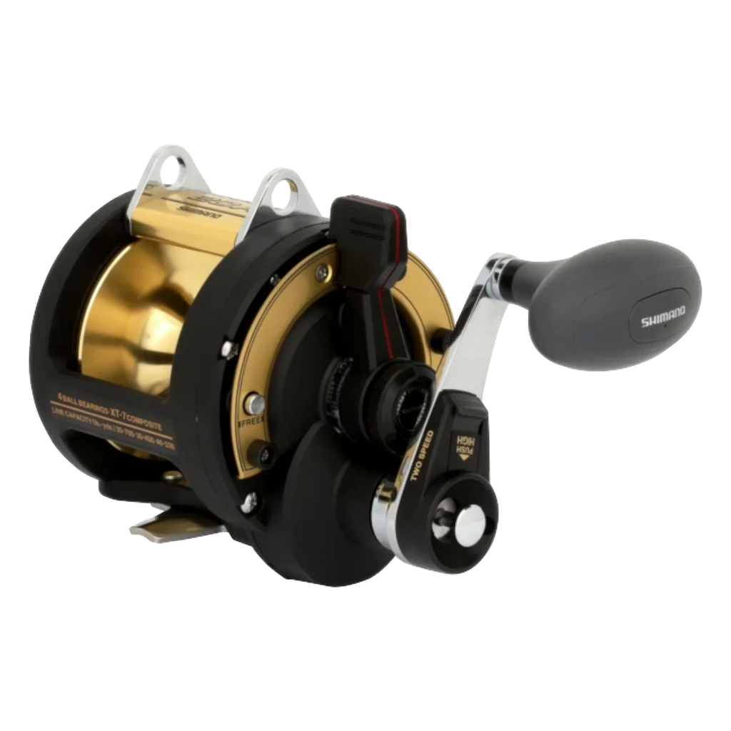 Dogfish Tackle & Marine Shimano TLD 2 Speed Lever Drag Conventional Reel, black and gold, with ergonomic handle and two-speed gearing.
