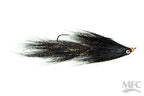 Black and orange MFC Jig Gangalf fishing lure featuring a sleek, elongated design with synthetic fibers and a sharp hook, designed for musky fishing tackle.