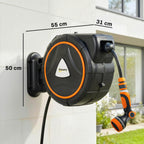23+2m Retractable Wall Hose Reel with Auto Retraction & 12-Pattern Nozzle, Orange