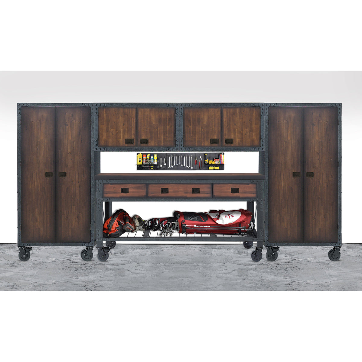 Duramax 5-Piece Garage Storage Combo Set with Workbench, Wall Cabinets and Free Standing Cabinets