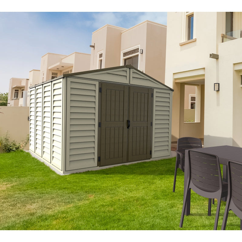 DuraMax 10.5ft x 10.5 ft Woodbridge Plus Vinyl Shed w/ Foundation Kit & Window 40224