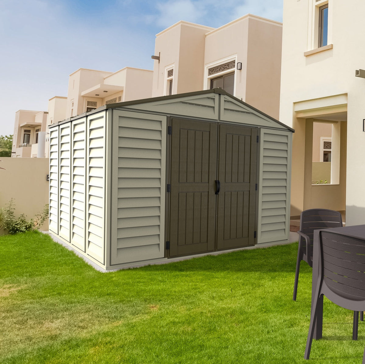 DuraMax 10.5ft x 10.5 ft Woodbridge Plus Vinyl Shed w/ Foundation Kit & Window 40224