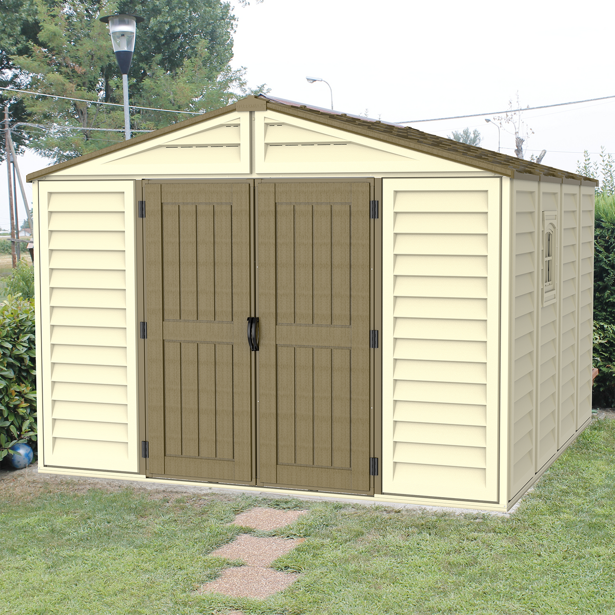 DuraMax 10.5ft x 10.5 ft Woodbridge Plus Vinyl Shed w/ Foundation Kit & Window 40224