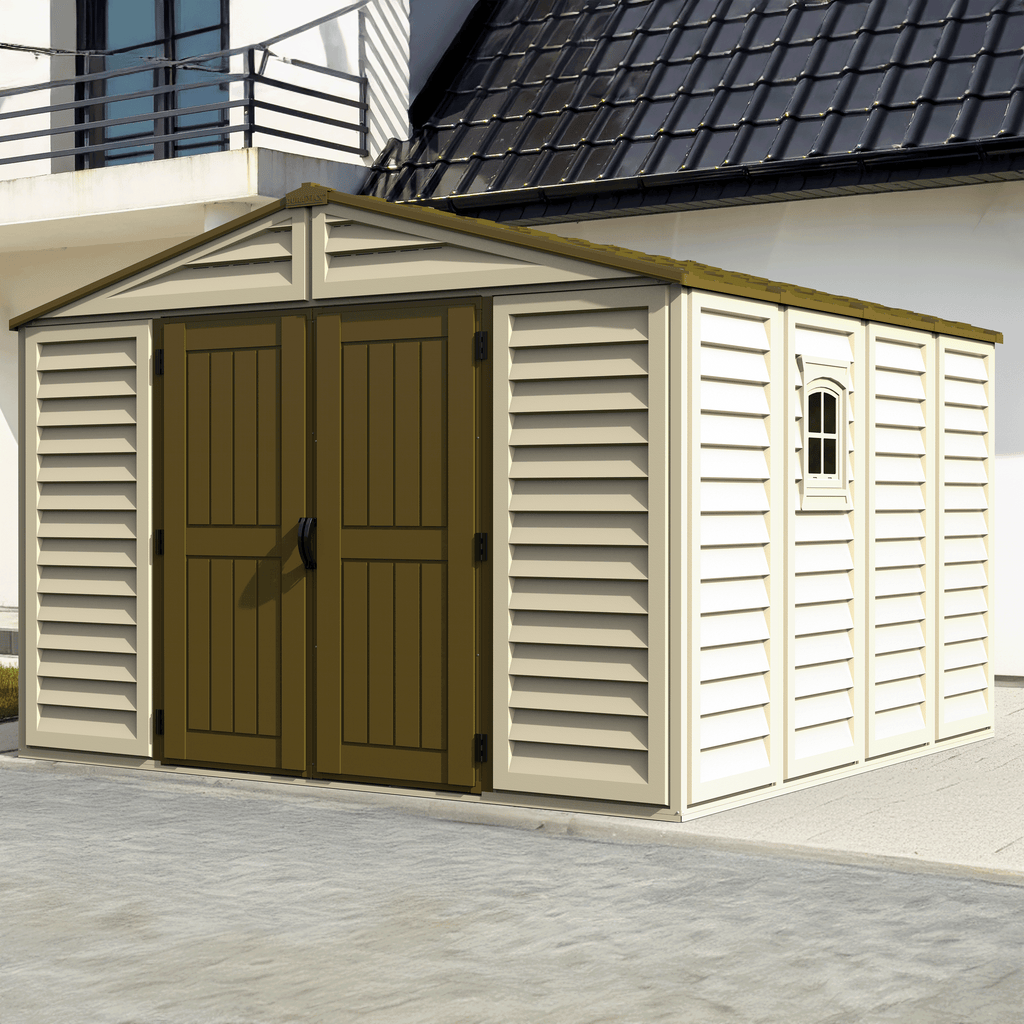 DuraMax 10.5ft x 10.5 ft Woodbridge Plus Vinyl Shed w/ Foundation Kit & Window 40224