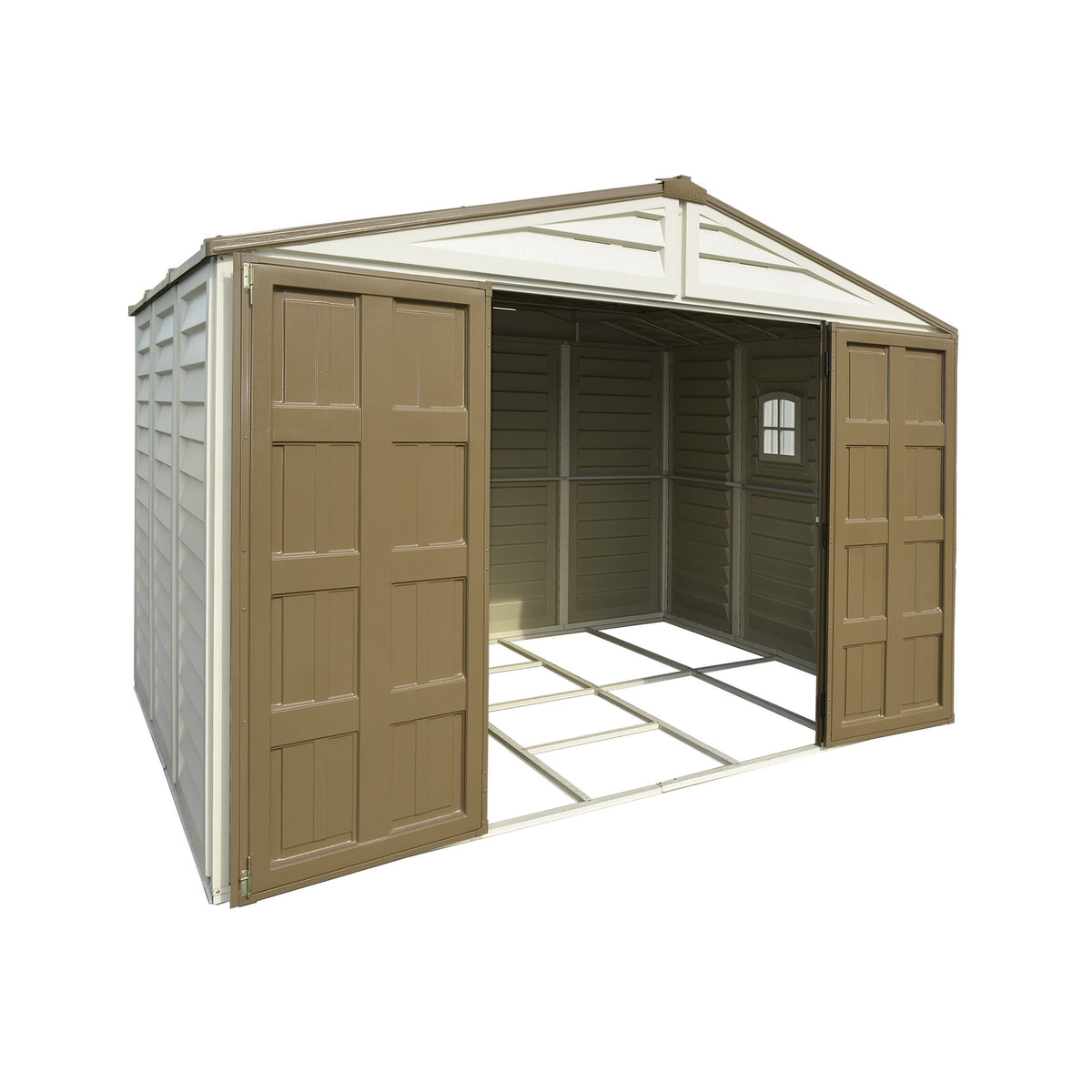DuraMax 10.5ft x 10.5 ft Woodbridge Plus Vinyl Shed w/ Foundation Kit & Window 40224