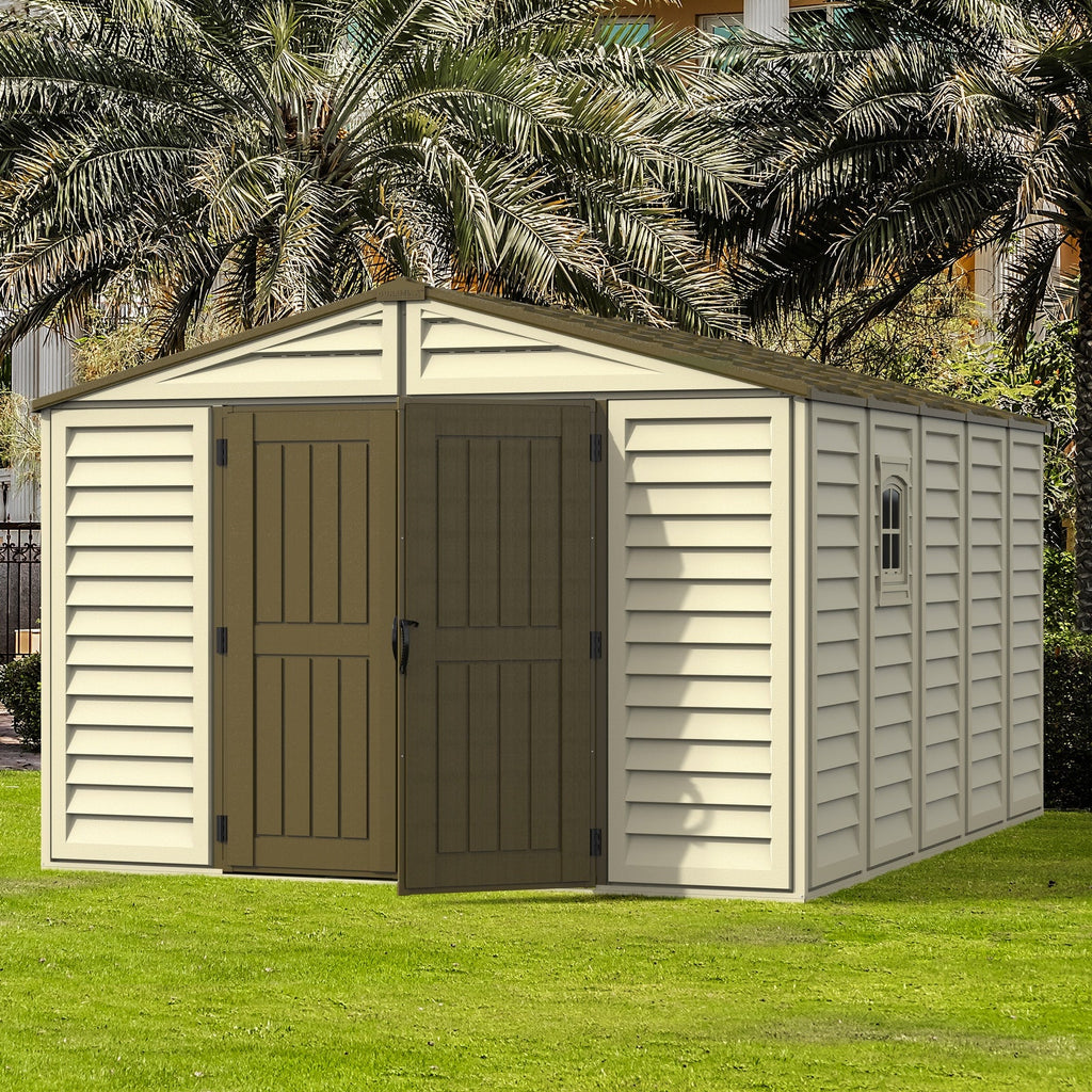 DuraMax 10.5ft x 13ft  Woodbridge Plus Vinyl Shed w/ Foundation Kit & Window 40234