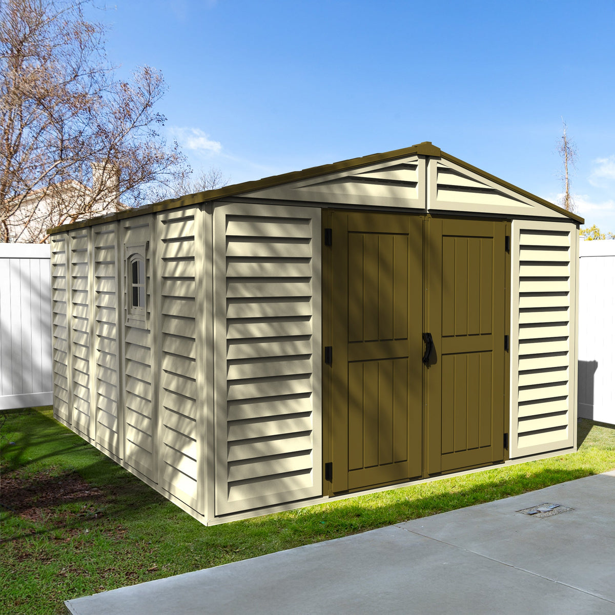 DuraMax 10.5ft x 13ft  Woodbridge Plus Vinyl Shed w/ Foundation Kit & Window 40234