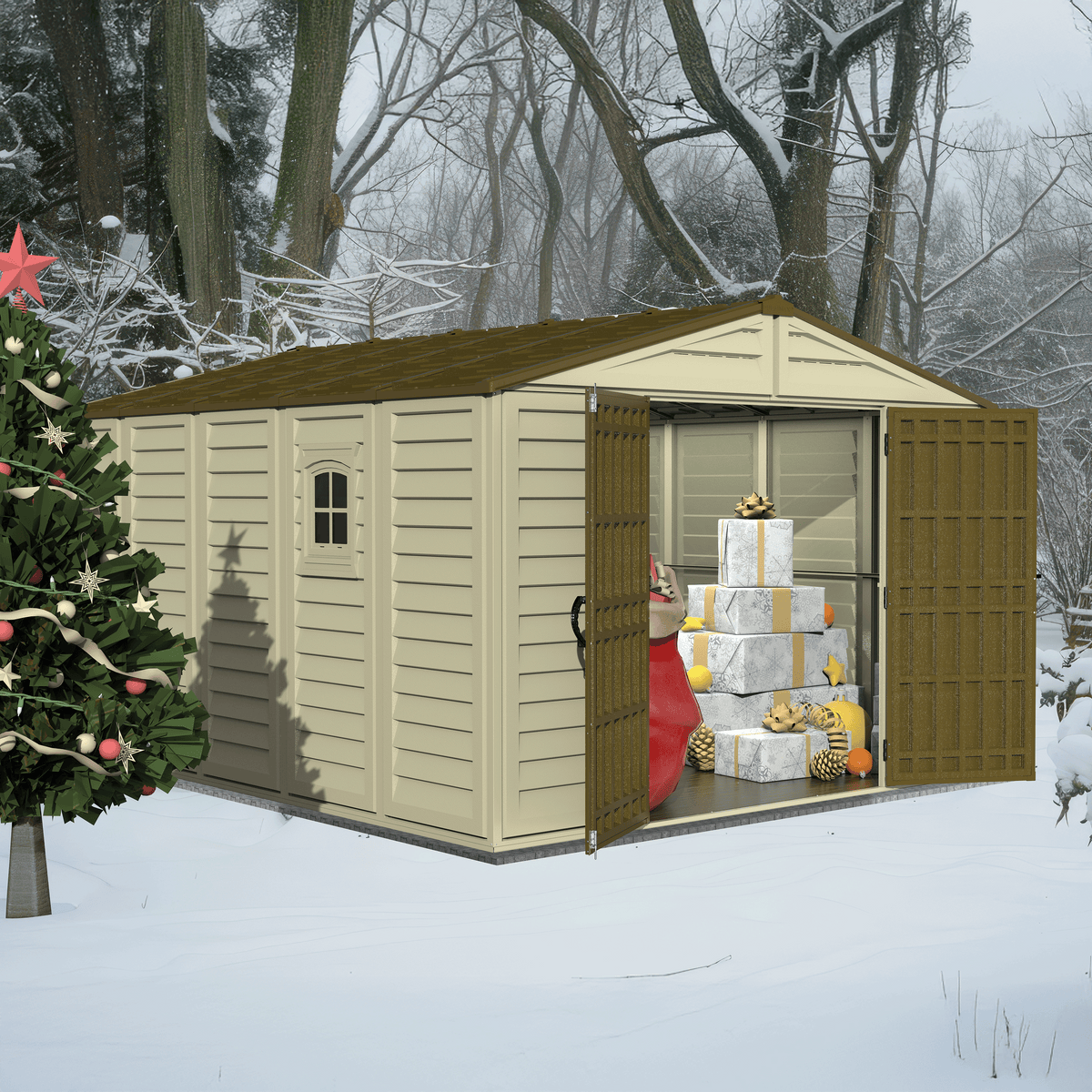 DuraMax 10.5ft x 13ft  Woodbridge Plus Vinyl Shed w/ Foundation Kit & Window 40234
