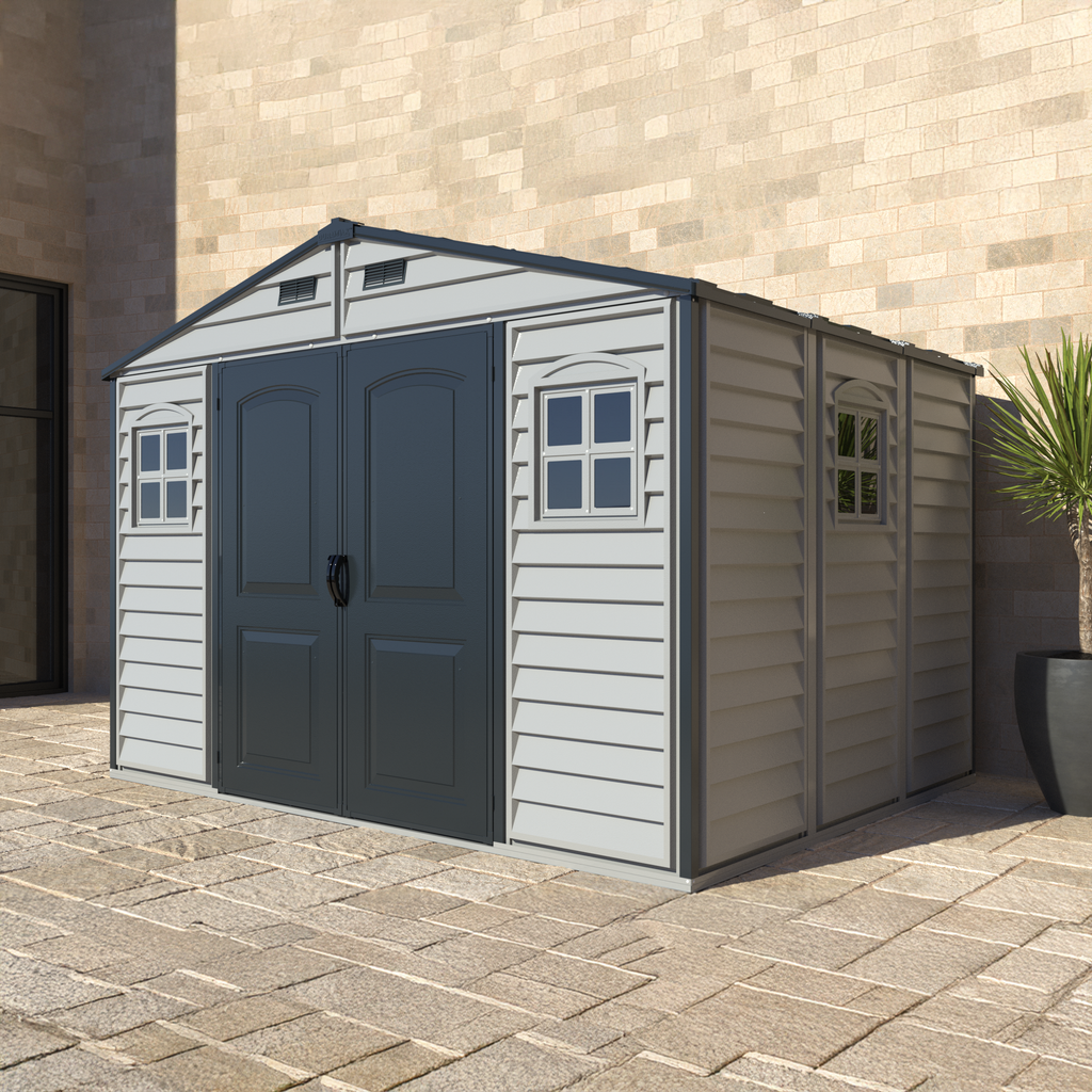 Duramax Woodside Plus 10.5x8 Vinyl Resin Outdoor Storage Shed With Foundation Kit 30227
