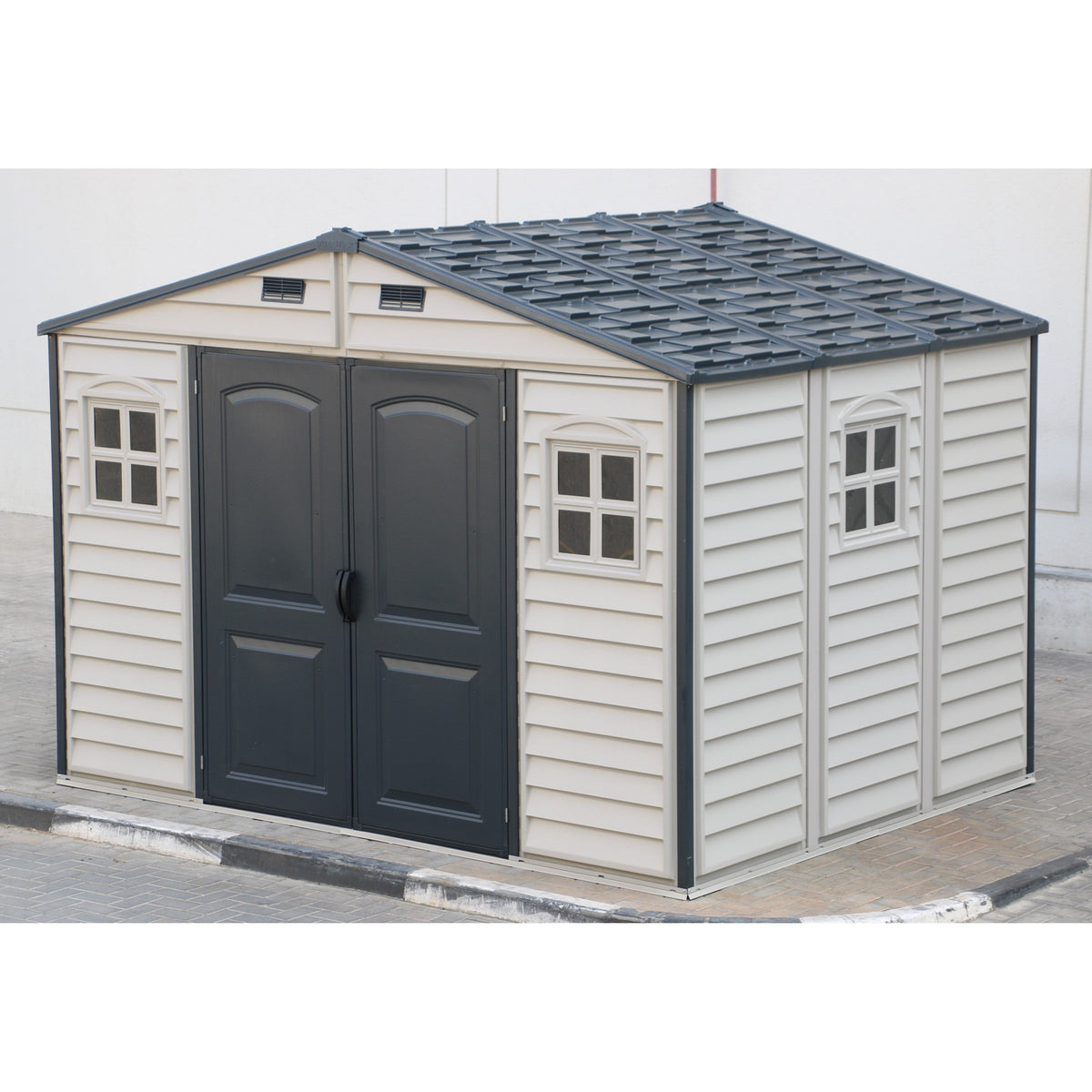 Duramax Woodside Plus 10.5x8 Vinyl Resin Outdoor Storage Shed With Foundation Kit 30227