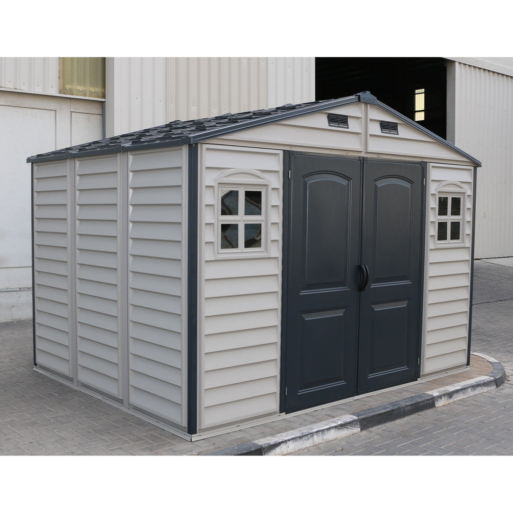 Duramax Woodside Plus 10.5x8 Vinyl Resin Outdoor Storage Shed With Foundation Kit 30227