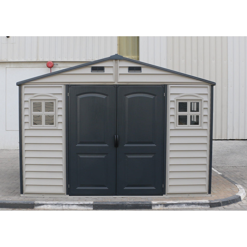 Duramax Woodside Plus 10.5x8 Vinyl Resin Outdoor Storage Shed With Foundation Kit 30227