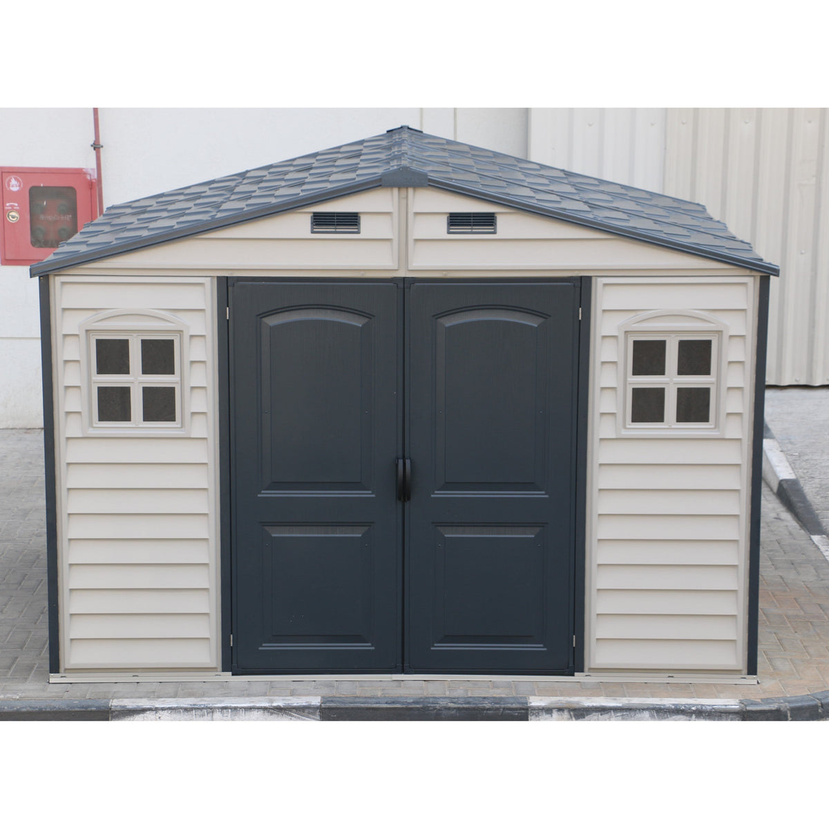 Duramax Woodside Plus 10.5x8 Vinyl Resin Outdoor Storage Shed With Foundation Kit 30227