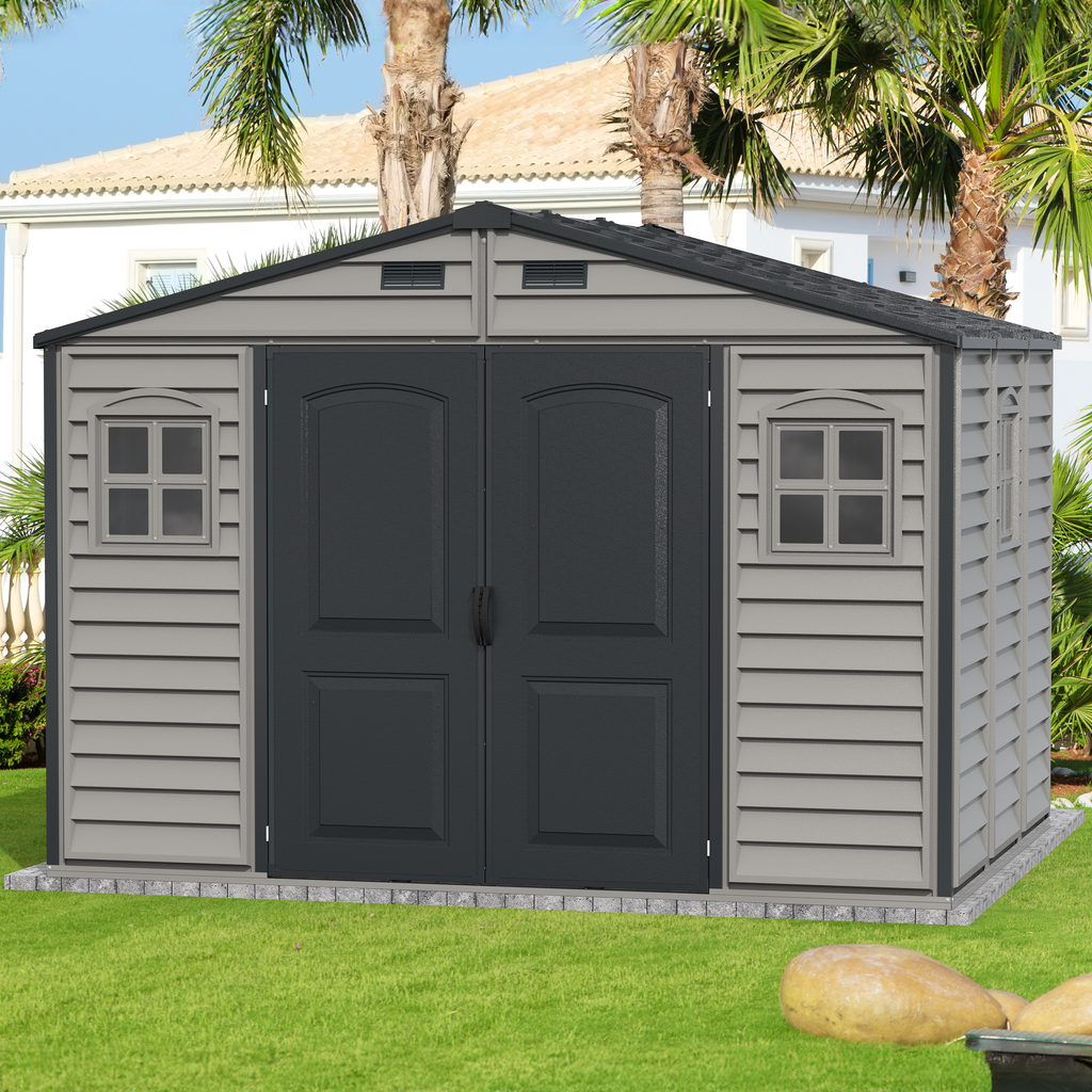Duramax Woodside Plus 10.5x8 Vinyl Resin Outdoor Storage Shed With Foundation Kit 30227