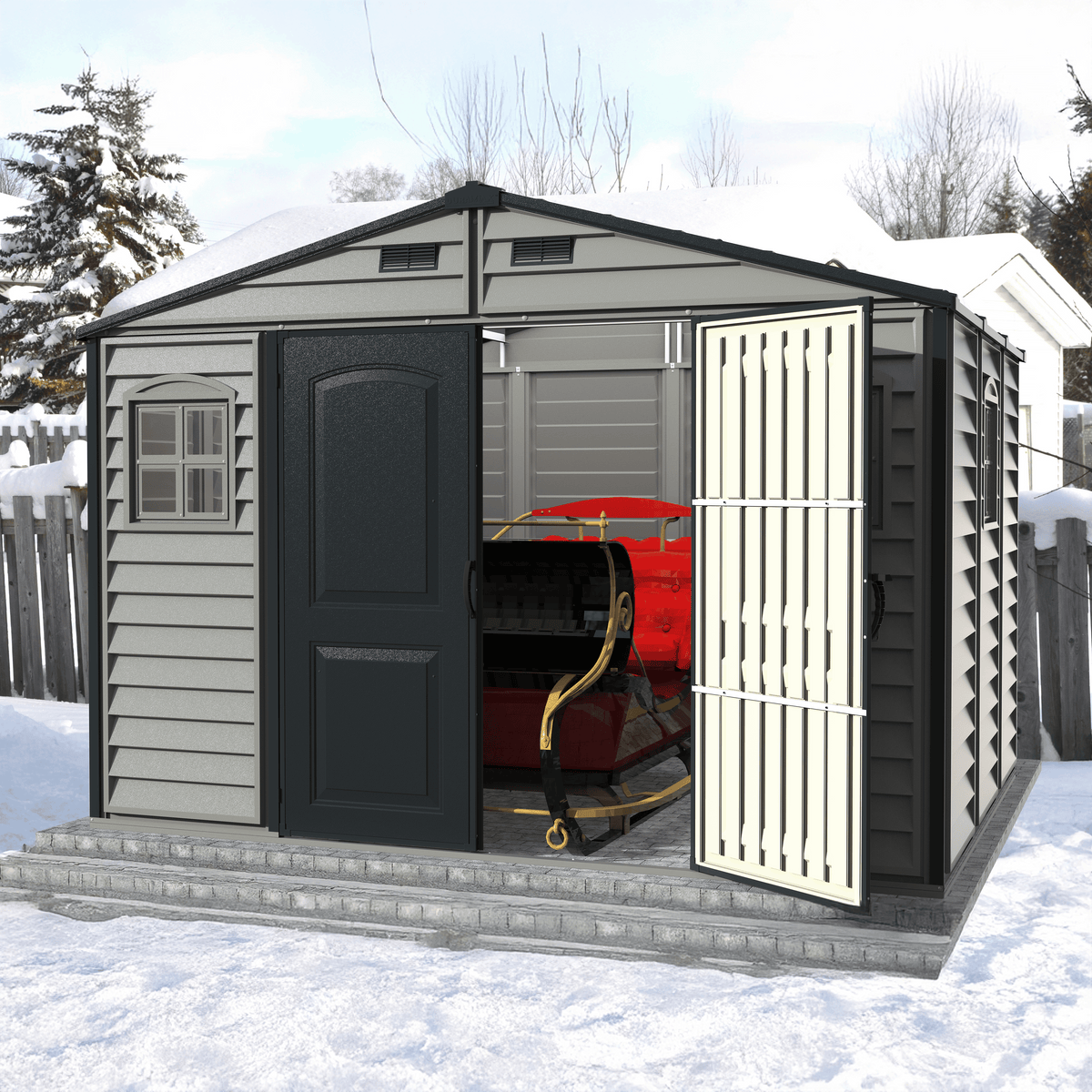 Duramax Woodside Plus 10.5x8 Vinyl Resin Outdoor Storage Shed With Foundation Kit 30227