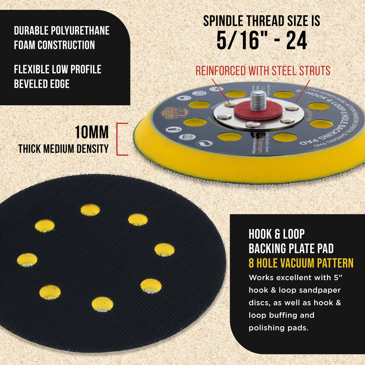 Pro Series 5" Hook & Loop DA Backing Plate Pad, 8 Hole Pattern Dustless - Dual-Action Random Orbital Sanding Pad, For Sander Polisher Auto