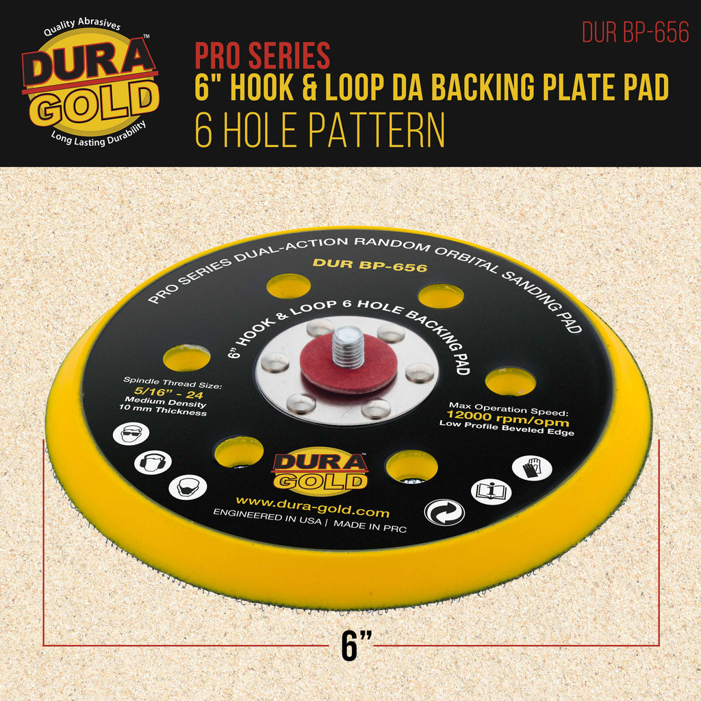 Pro Series 6" Hook & Loop DA Backing Plate Pad, 6 Hole Pattern Dustless - Dual-Action Random Orbital Sanding Pad, For Sander Polisher Auto