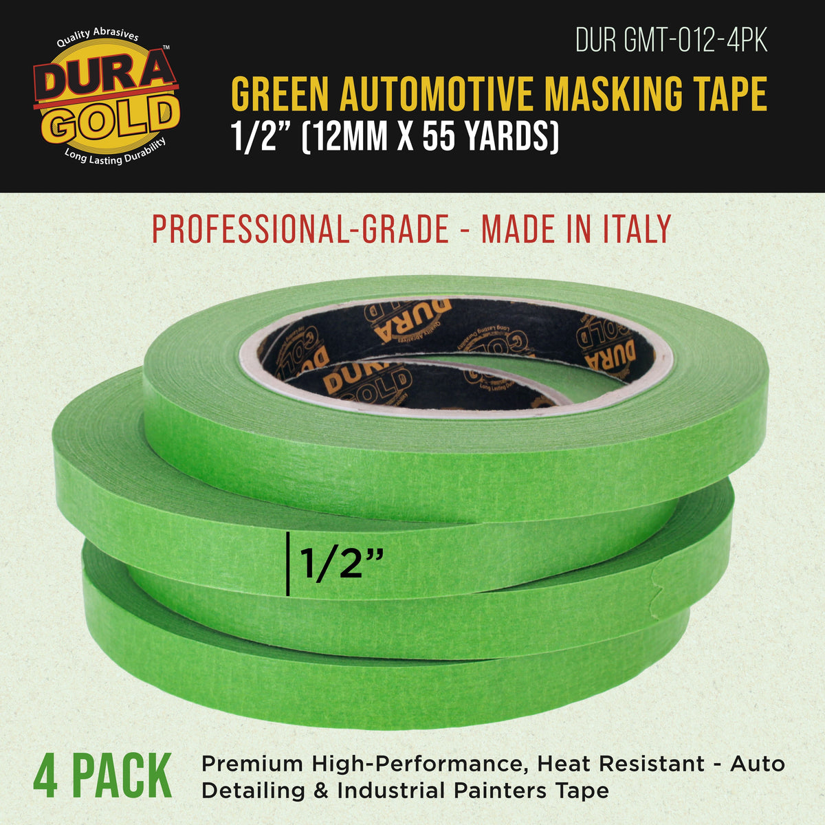Dura-Gold Green Automotive Masking Tape 1/2 Inch (12mm x 55 Yards), 4 Rolls - Premium High-Performance, Heat Resistant - Auto Refinish Painting, Car Detailing, Autobody, Industrial, Painters Tape