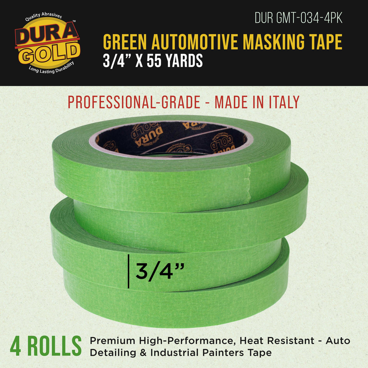 Dura-Gold Green Automotive Masking Tape 3/4 Inch (0.7 Inch x 55 Yards), 4 Rolls - Premium High-Performance, Heat Resistant - Auto Refinish Painting, Car Detailing, Autobody, Industrial, Painters Tape