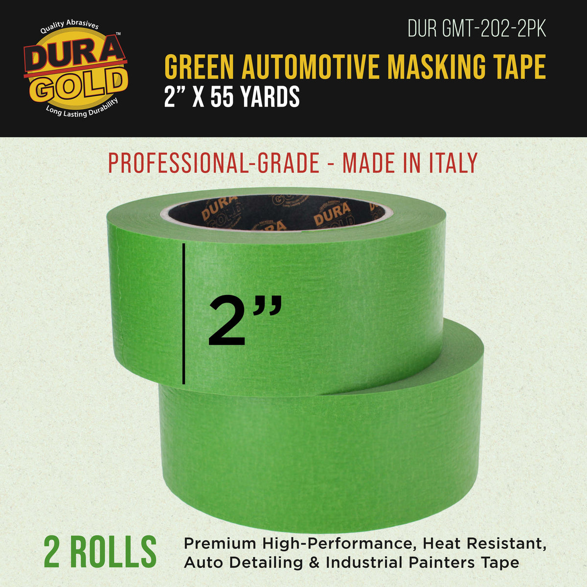 Dura-Gold Green Automotive Masking Tape 2 Inch (1.88 Inch x 55 Yards), 2 Rolls - Premium High-Performance, Heat Resistant - Auto Refinish Painting, Car Detailing, Autobody, Industrial, Painters Tape