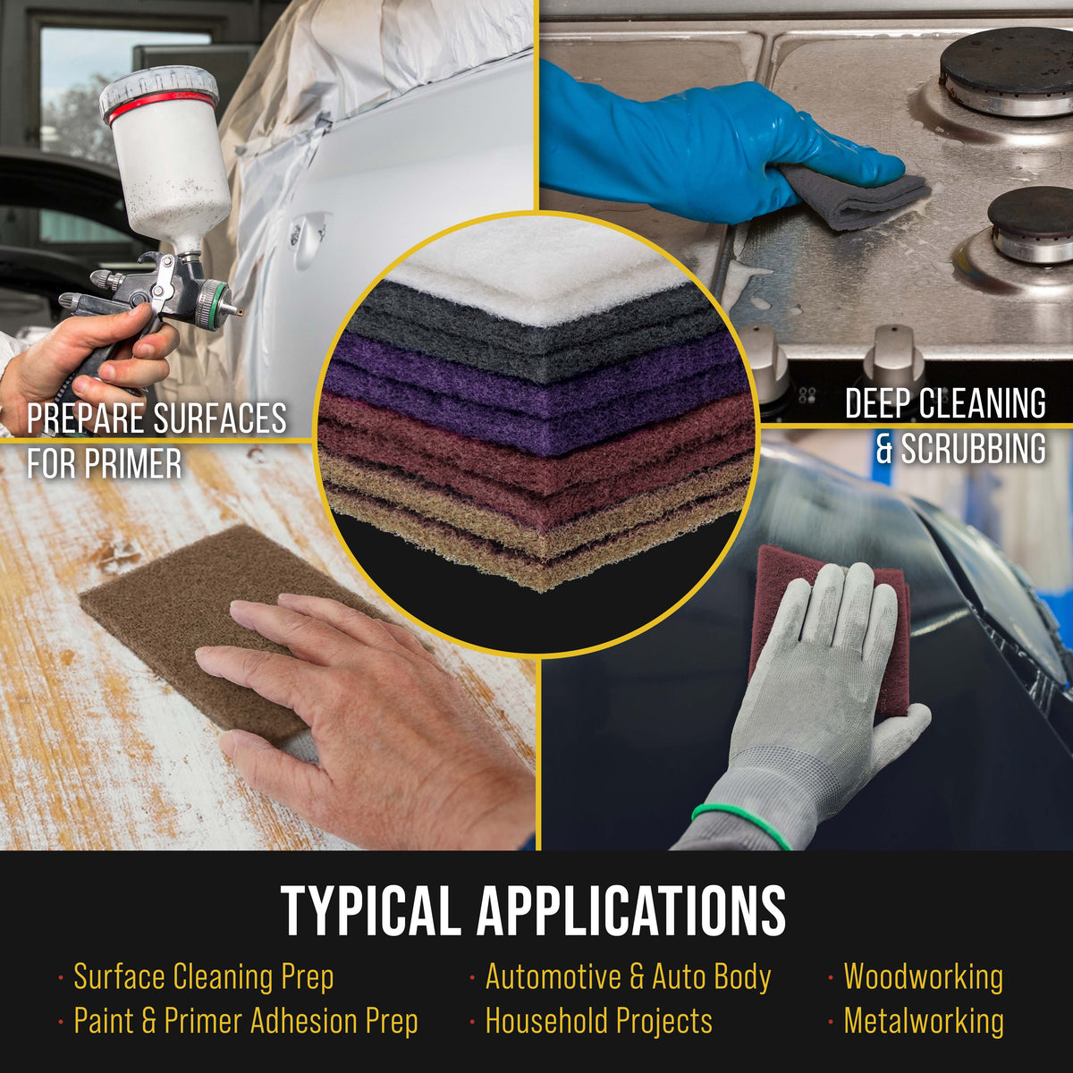 Premium 6" x 9" 10 Scuff Pad Variety Pack, 2 Each Maroon, Gray, Gold, Purple and White - Scuffing, Scouring, Sanding, Cleaning, Automotive