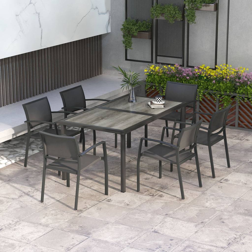 7 Pieces Outdoor Dining Set w/ 6 Stackable Chairs, Patio Table & Chairs w/ Mesh Seat, Black