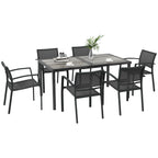 6 Seater Garden Dining Set, Stackable Armchairs and Wood-like Top Table, Space-Saving Outdoor Table and Chairs with Breathable Mesh Seat, Garden Furniture Set, Grey