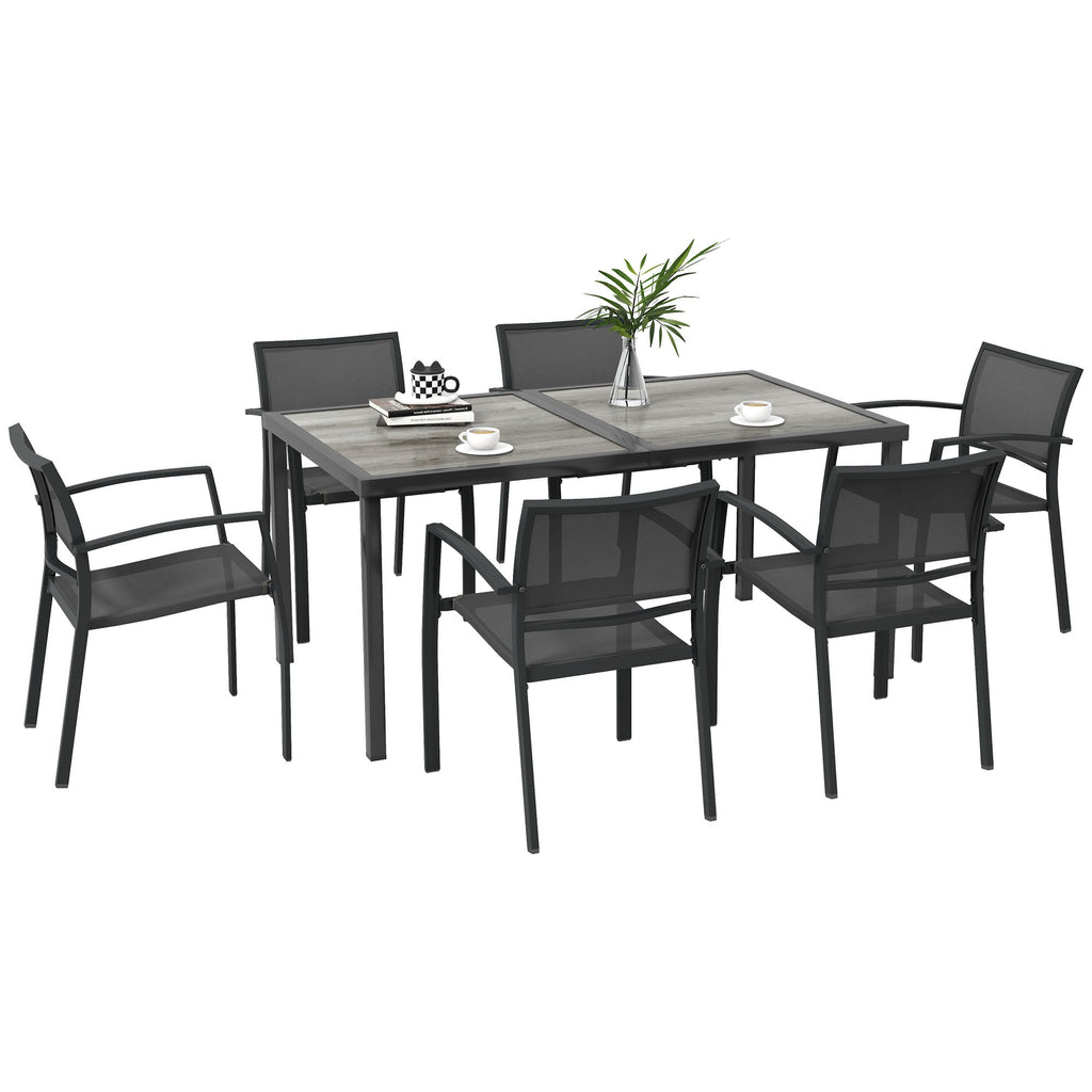 7 Pieces Outdoor Dining Set w/ 6 Stackable Chairs, Patio Table & Chairs w/ Mesh Seat, Black