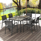 7 Pieces Outdoor Dining Set w/ 6 Stackable Chairs, Patio Table & Chairs w/ Mesh Seat, Black