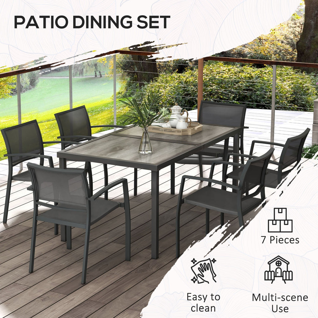 7 Pieces Outdoor Dining Set w/ 6 Stackable Chairs, Patio Table & Chairs w/ Mesh Seat, Black