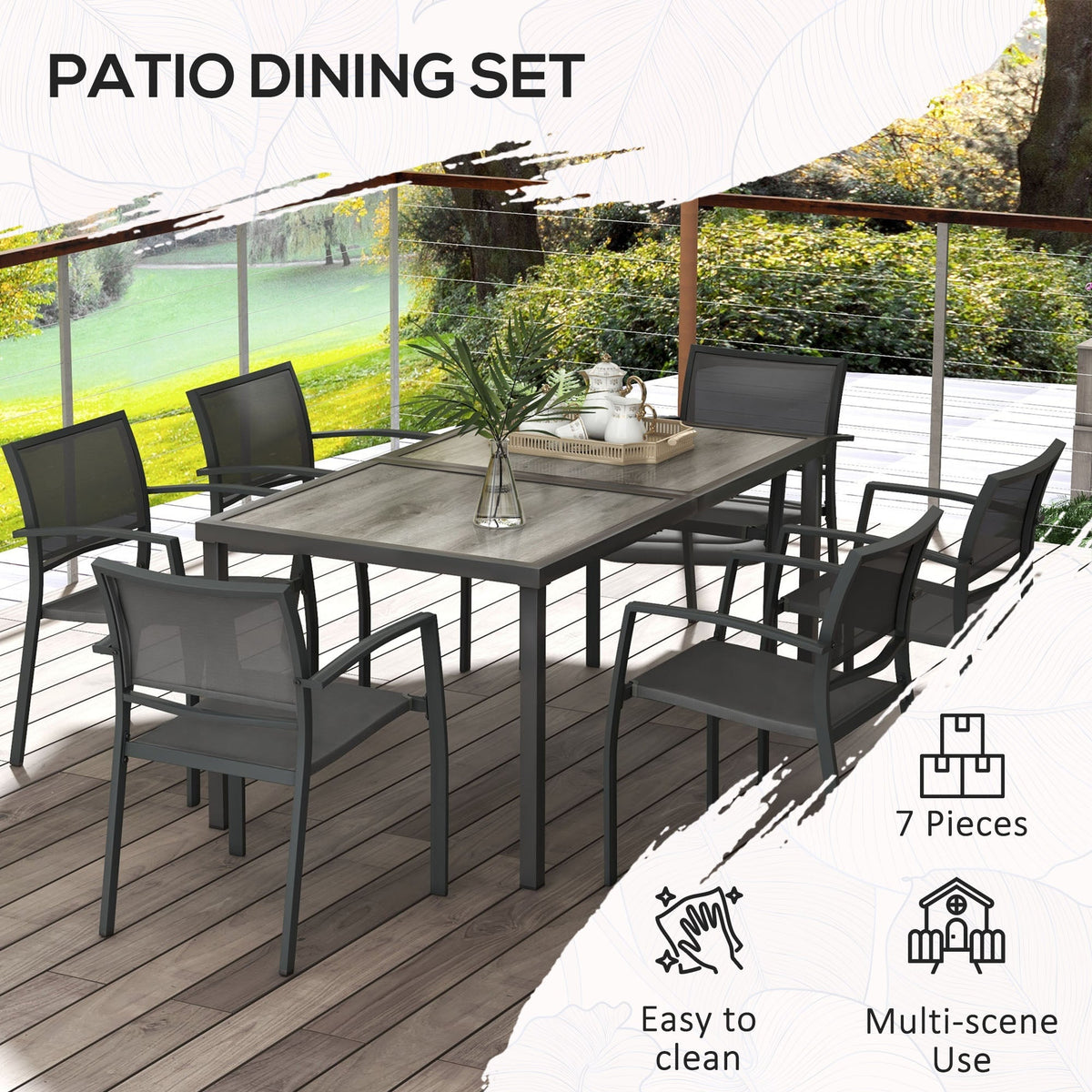7 Pieces Outdoor Dining Set w/ 6 Stackable Chairs, Patio Table & Chairs w/ Mesh Seat, Black