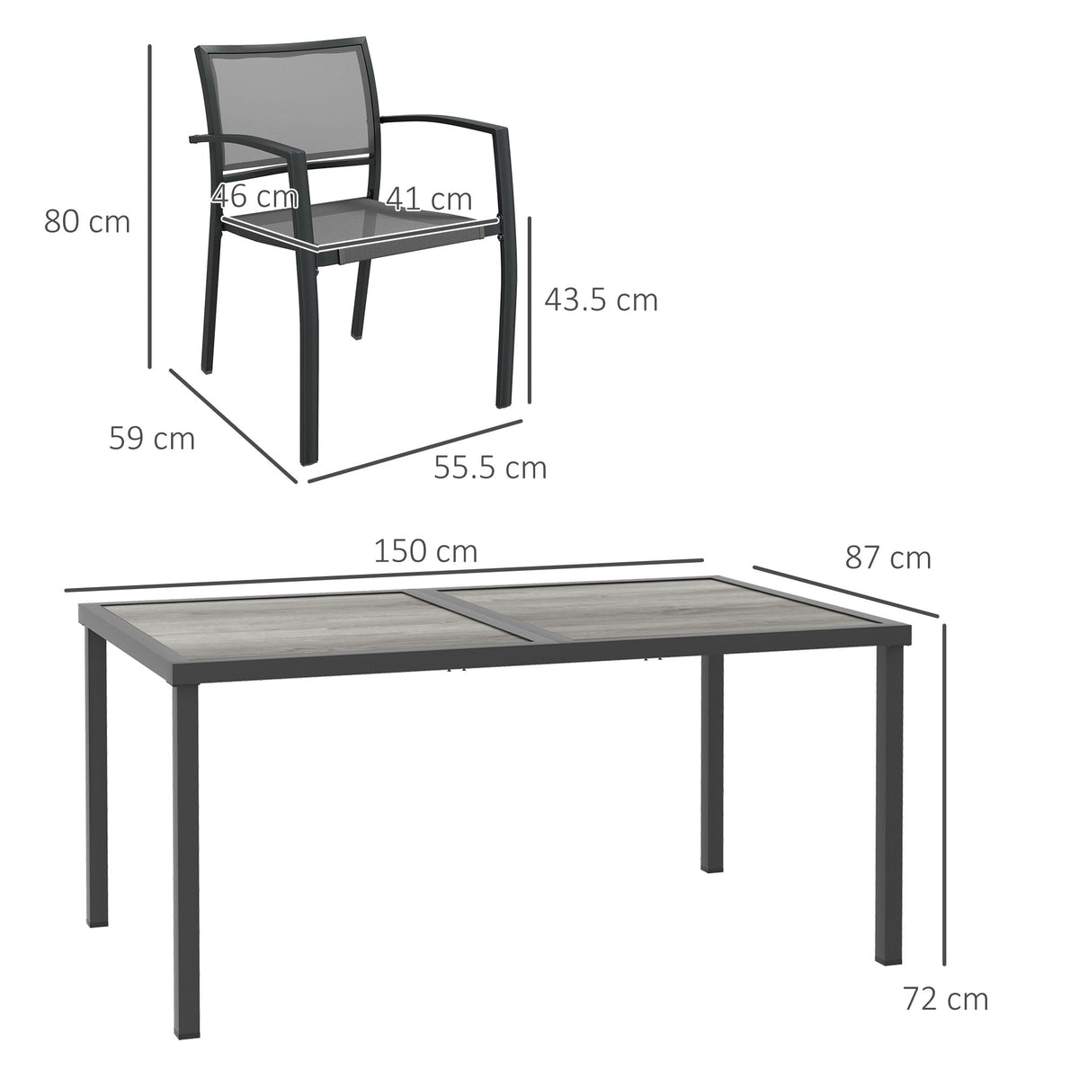 6 Seater Garden Dining Set, Stackable Armchairs and Wood-like Top Table, Space-Saving Outdoor Table and Chairs with Breathable Mesh Seat, Garden Furniture Set, Grey