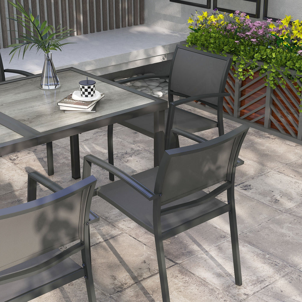 7 Pieces Outdoor Dining Set w/ 6 Stackable Chairs, Patio Table & Chairs w/ Mesh Seat, Black