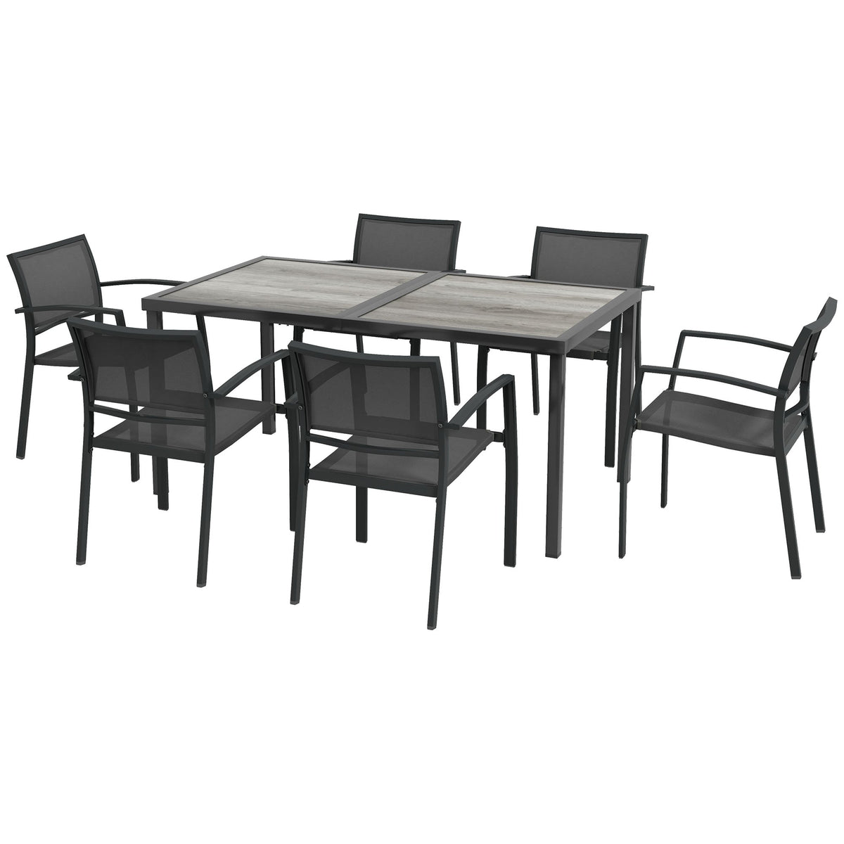 7 Pieces Outdoor Dining Set w/ 6 Stackable Chairs, Patio Table & Chairs w/ Mesh Seat, Black