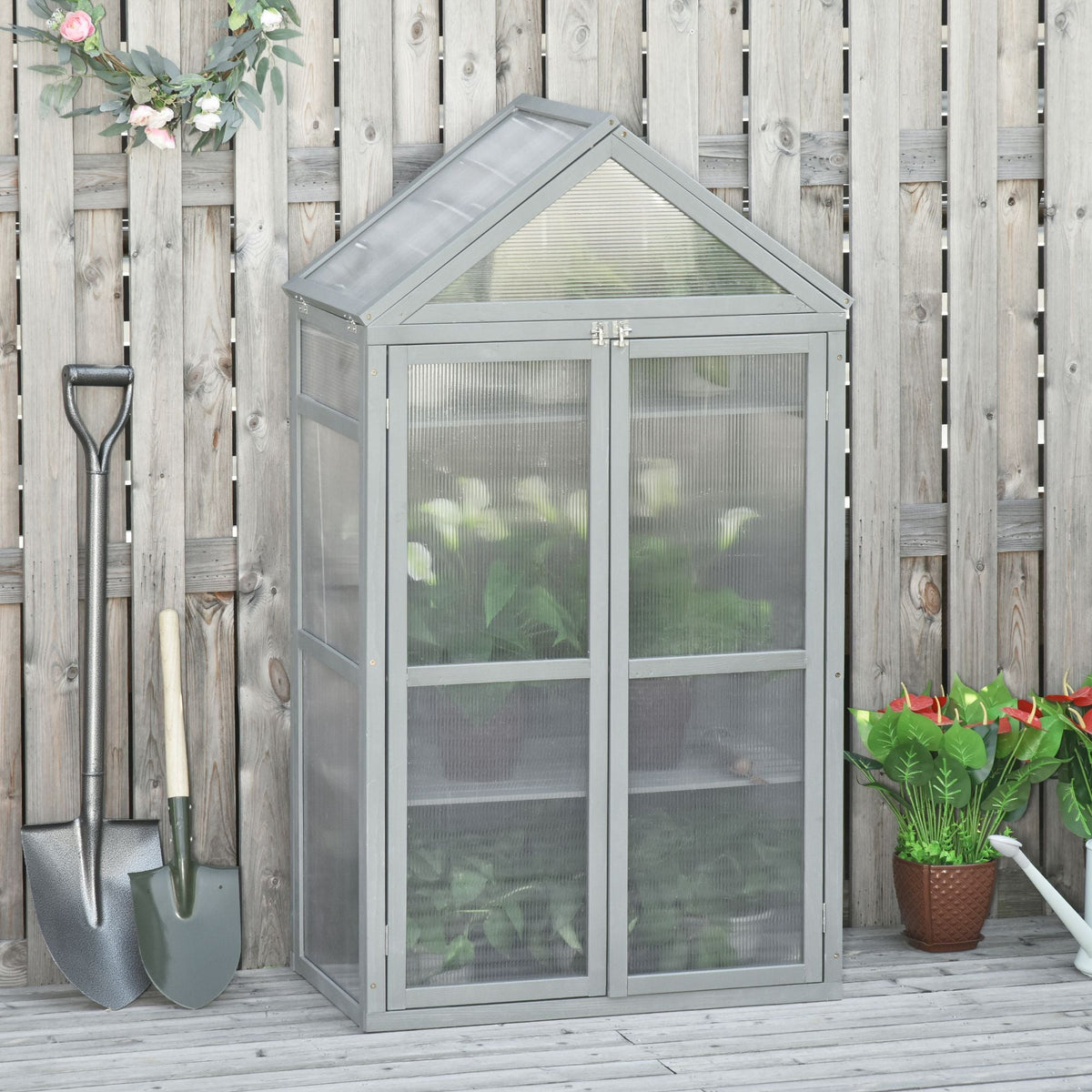 Garden Cold Frame Greenhouse with Adjustable Shelf, Double Doors & Openable Top, Grey