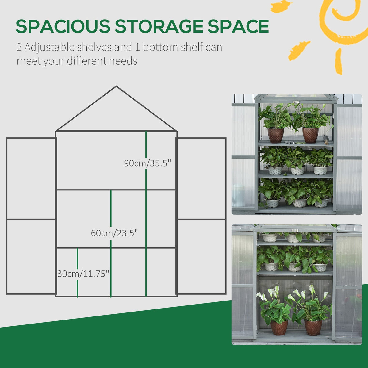 Garden Cold Frame Greenhouse with Adjustable Shelf, Double Doors & Openable Top, Grey