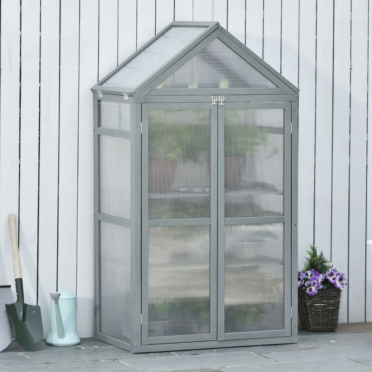 Garden Cold Frame Greenhouse with Adjustable Shelf, Double Doors & Openable Top, Grey