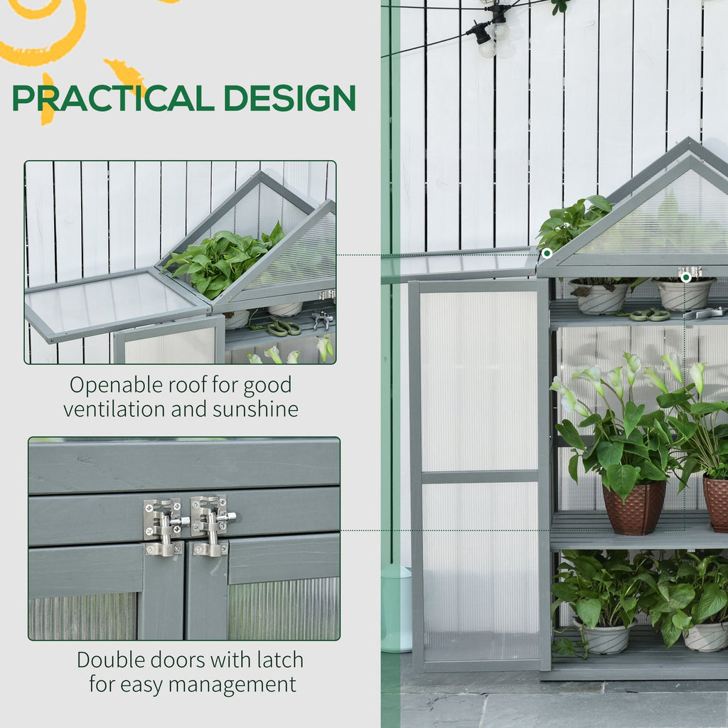 Garden Cold Frame Greenhouse with Adjustable Shelf, Double Doors & Openable Top, Grey