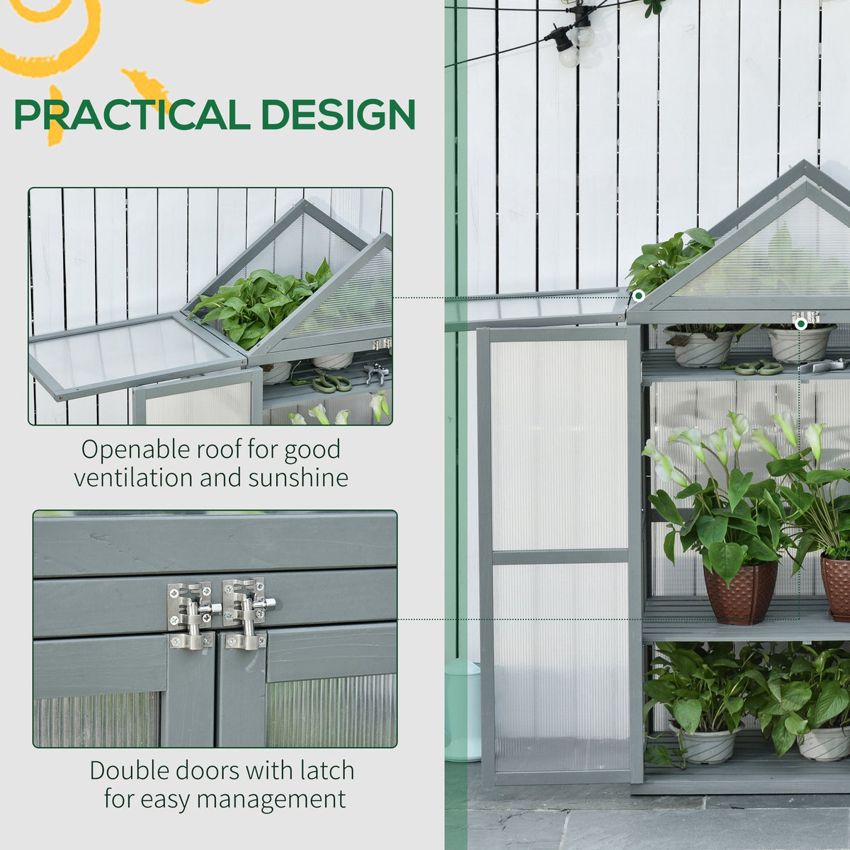 Garden Cold Frame Greenhouse with Adjustable Shelf, Double Doors & Openable Top, Grey