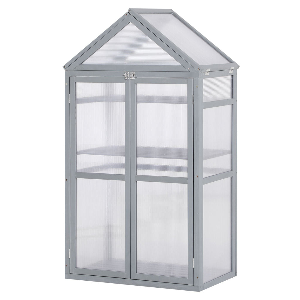 Garden Cold Frame Greenhouse with Adjustable Shelf, Double Doors & Openable Top, Grey