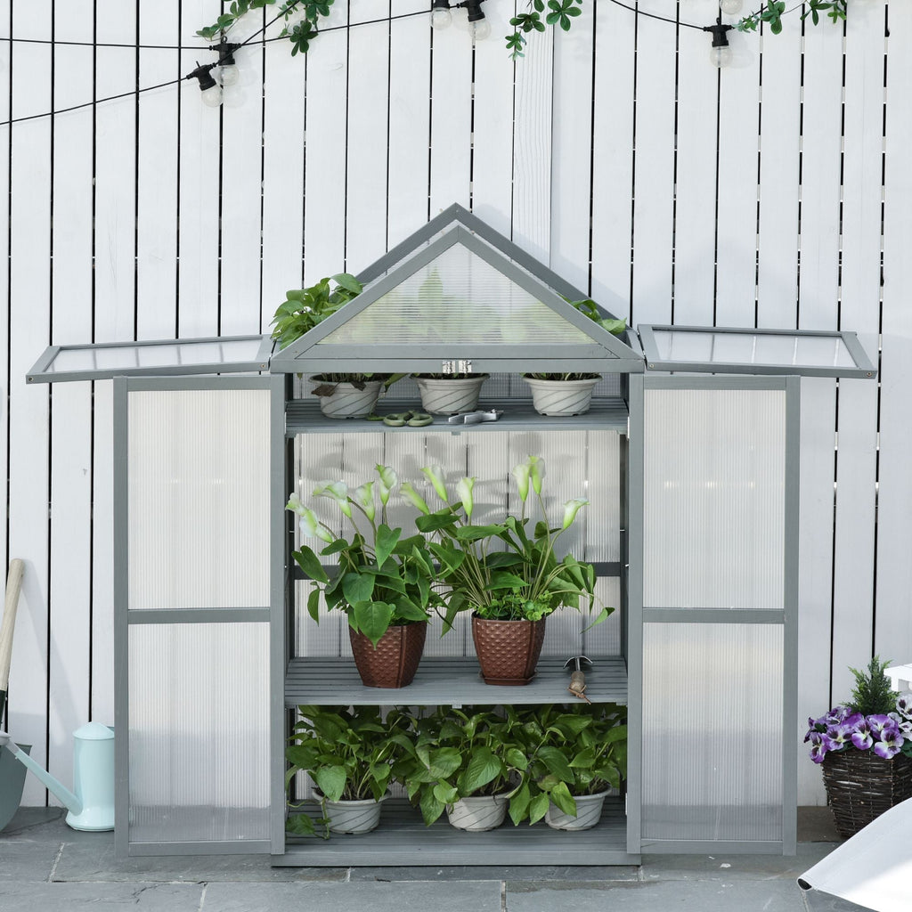 Garden Cold Frame Greenhouse with Adjustable Shelf, Double Doors & Openable Top, Grey