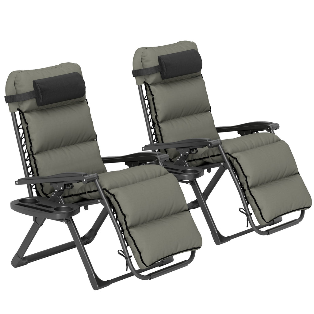 2 Piece Zero Gravity Folding Reclining Chair w/ Cushion, Headrest & Cupholder, Grey