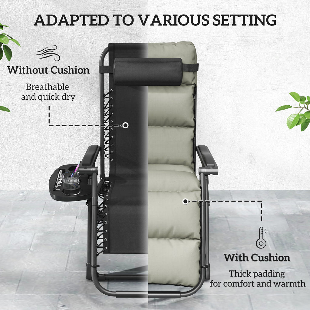 2 Piece Zero Gravity Folding Reclining Chair w/ Cushion, Headrest & Cupholder, Grey