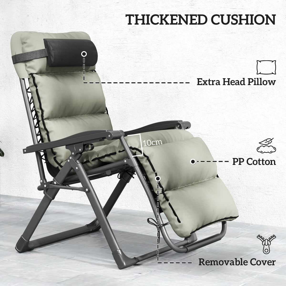 2 Piece Zero Gravity Folding Reclining Chair w/ Cushion, Headrest & Cupholder, Grey