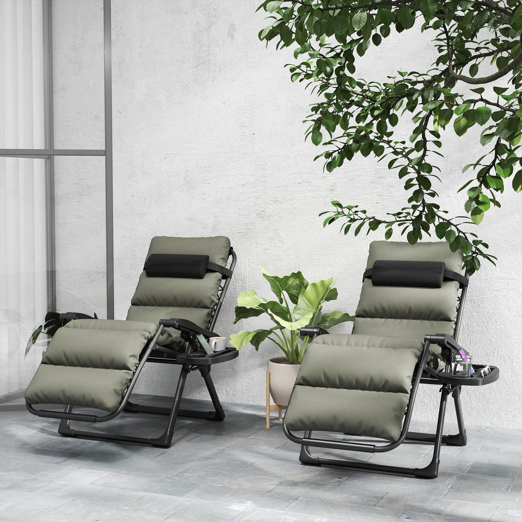 2 Piece Zero Gravity Folding Reclining Chair w/ Cushion, Headrest & Cupholder, Grey