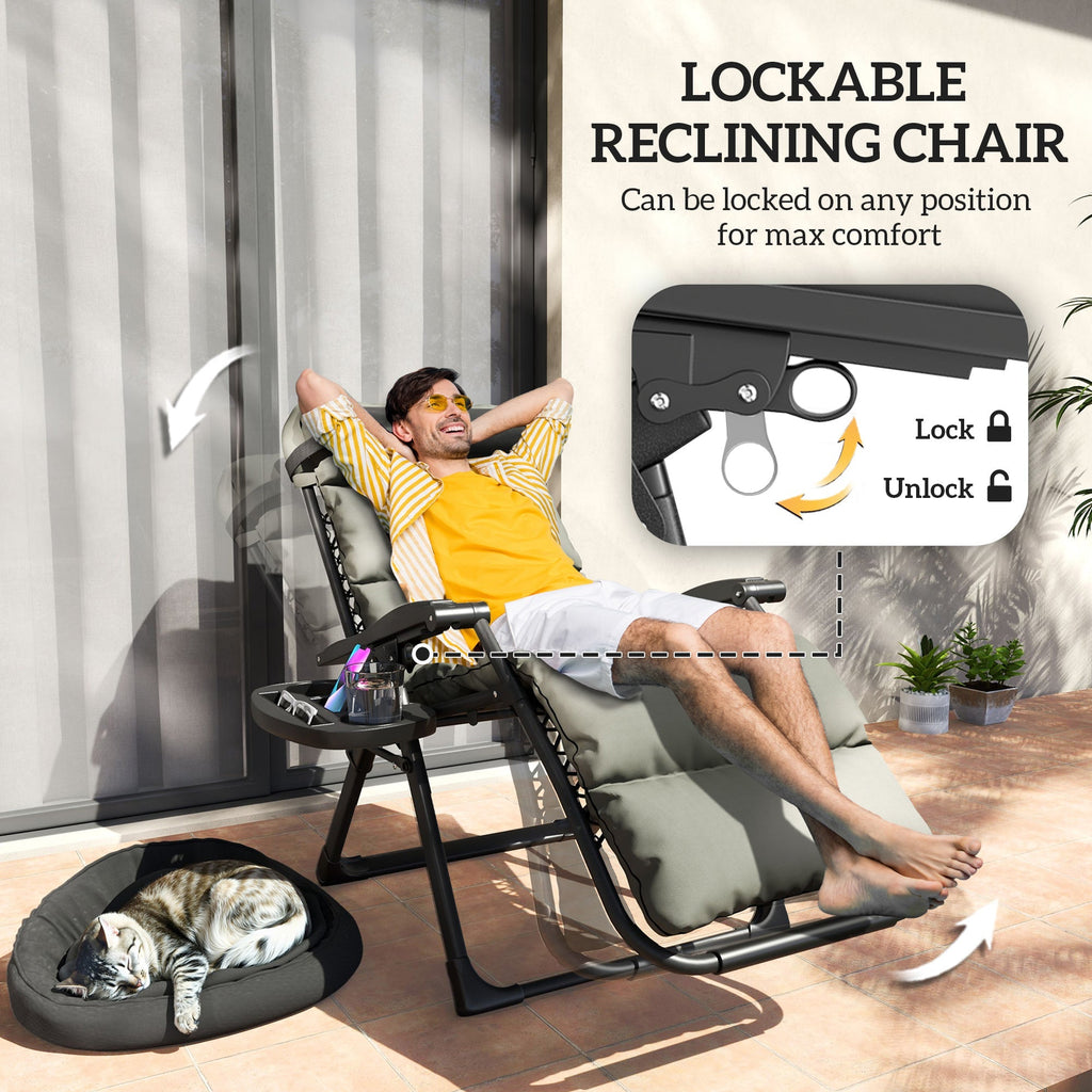 2 Piece Zero Gravity Folding Reclining Chair w/ Cushion, Headrest & Cupholder, Grey