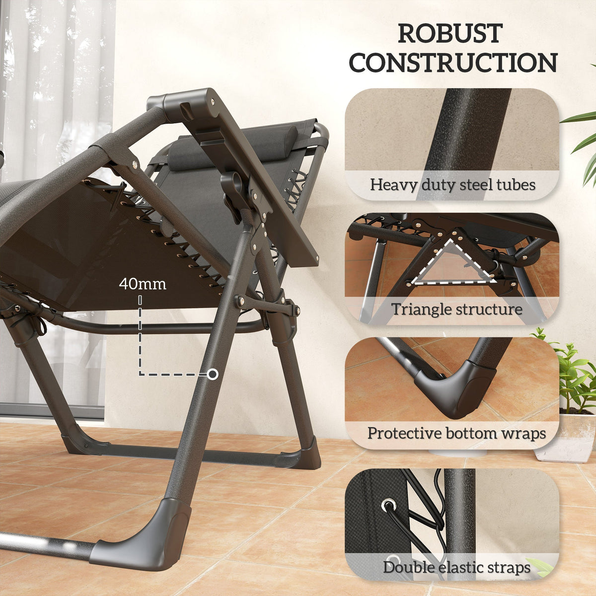 2 Piece Zero Gravity Folding Reclining Chair w/ Cushion, Headrest & Cupholder, Grey
